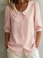 Striped FitiqueFit V-neck casual top with three-quarter sleeves, comfortable and stylish for everyday wear.