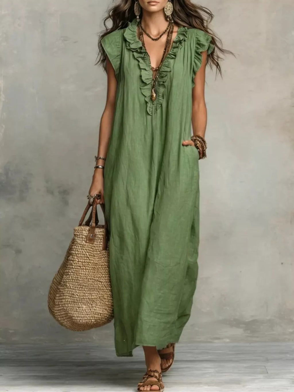 Plush Fashion Hub ruffled V-neck maxi dress with flowing fabric and tiered design, perfect for summer or special occasions.