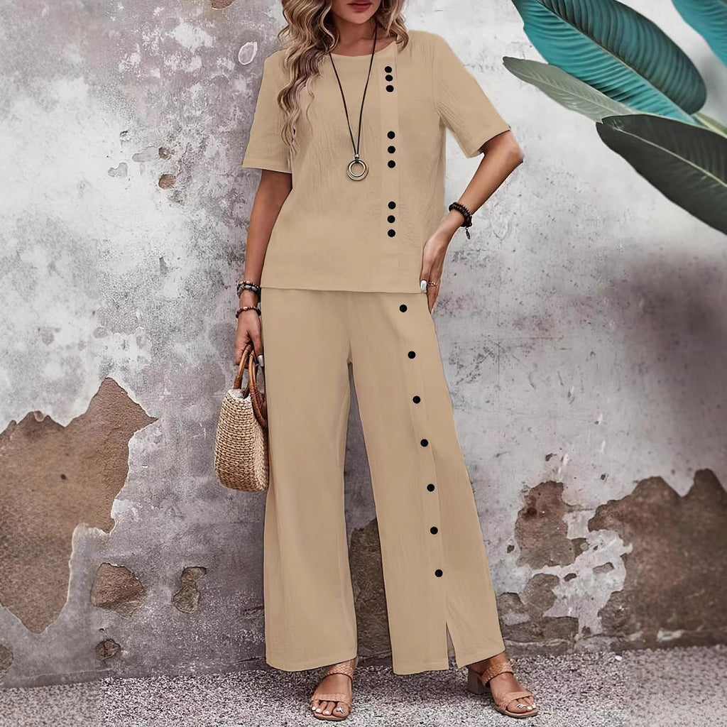 Women’s linen casualwear set featuring a button-up top and loose fit two-piece design by Plush Fashion Hub.