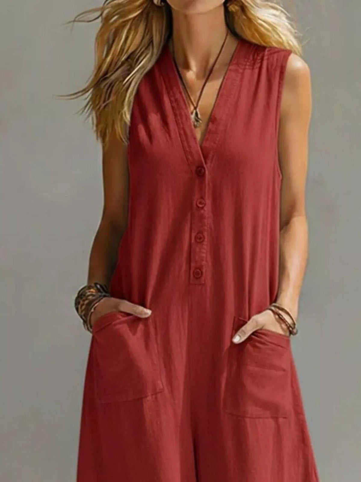 Plus size plush fashion hub sleeveless v-neck jumpsuit with wide-leg design, full length and stylish fit.