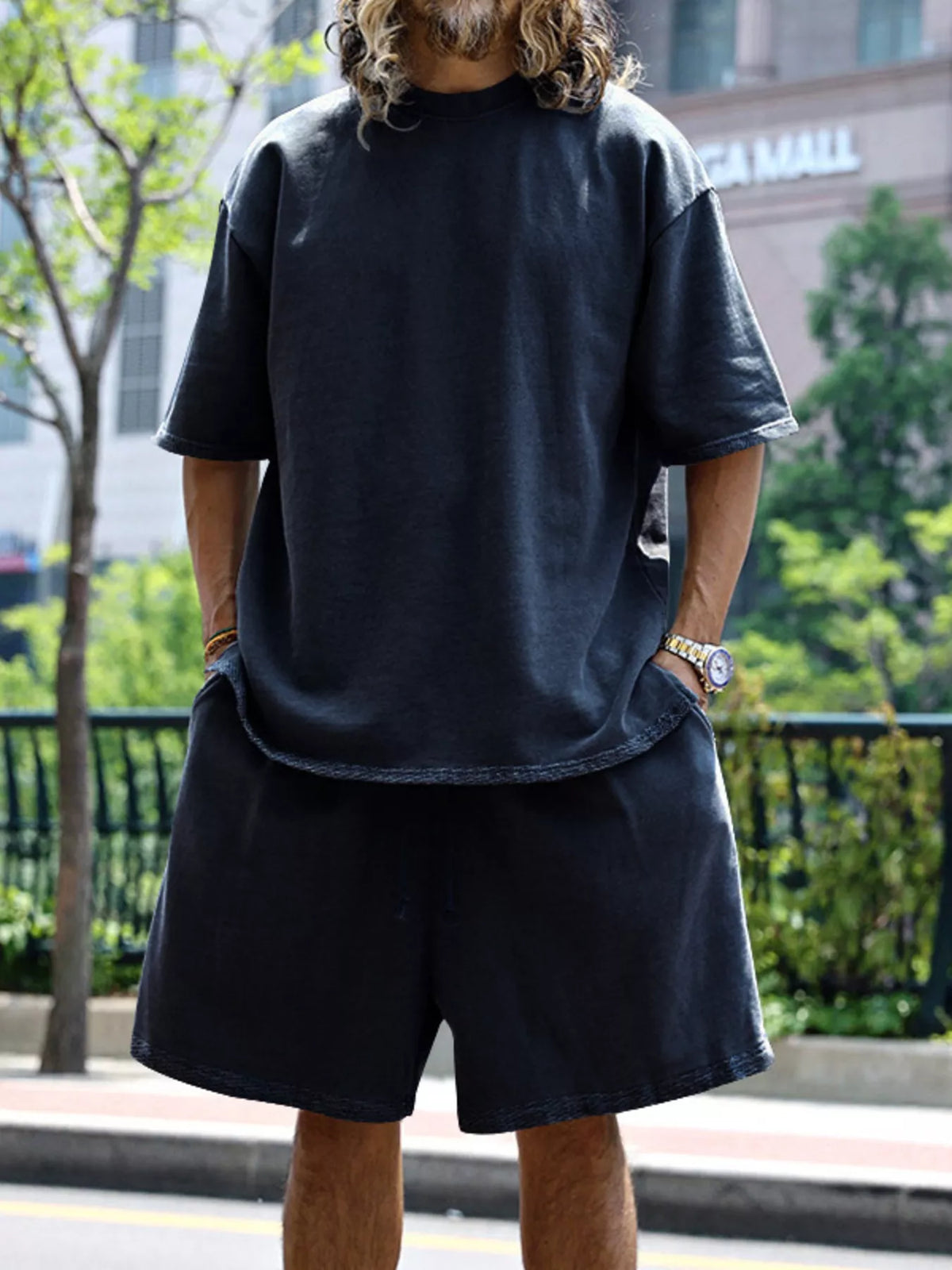 Plus size men's relaxed fit T-shirt and shorts set from Plush Fashion Hub, casual tops and shorts for comfortable everyday wear