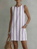 Women's striped color-block sleeveless mini dress by Plush Fashion Hub, casual loose fit summer dress with vibrant patterns