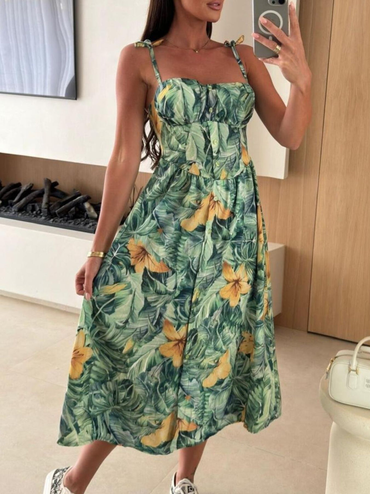 Women’s striped tie-shoulder midi dress by Plush Fashion Hub featuring a casual summer brunch style.