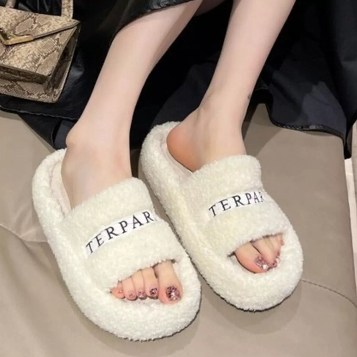 Simply Love fuzzy plush open toe slippers with soft, cozy material and open toe design for comfortable lounging.