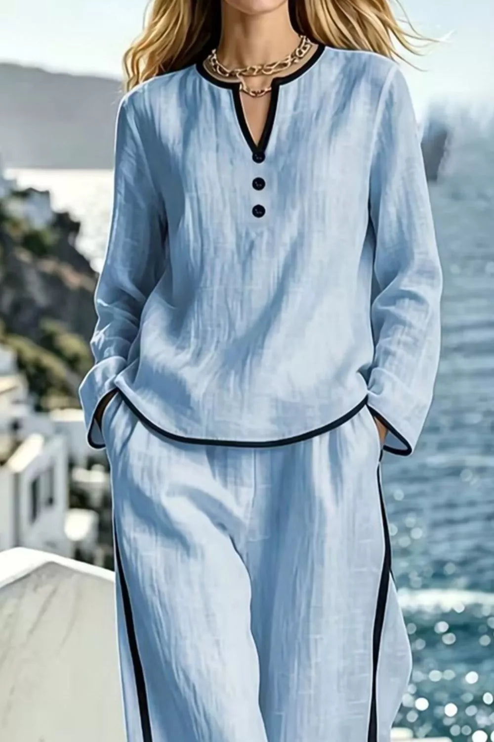 Plush Fashion Hub contrast trim lounge set with long sleeve top and matching pants, comfortable and casual sleepwear or loungewear.