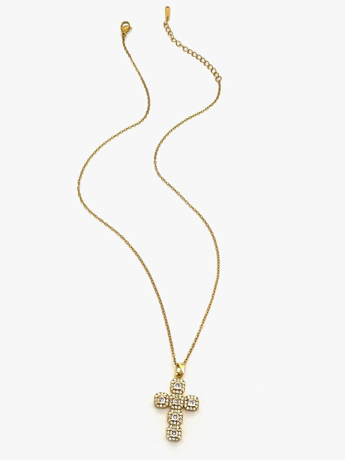 Stainless steel inlaid zircon cross necklace with detailed design, showcasing a sleek silver pendant on a chain.