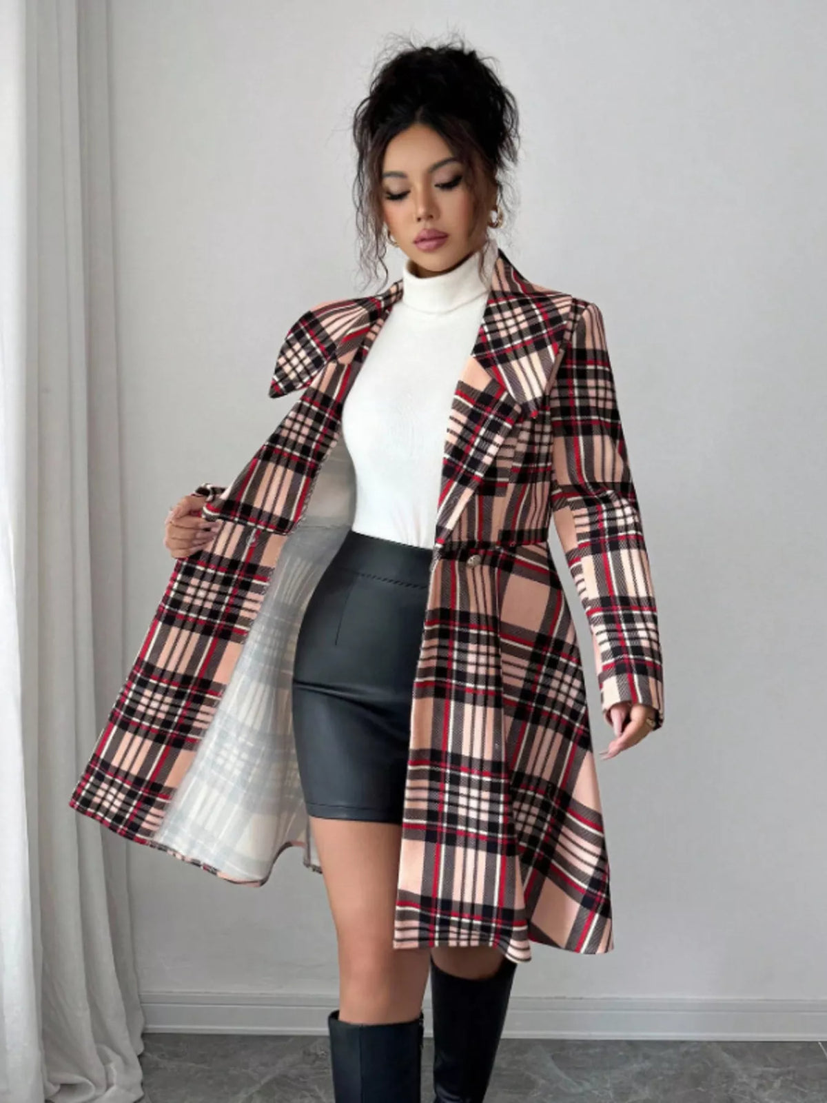 Simply Love plaid button-up long sleeve coat with classic plaid pattern, tailored fit, and front button closure.