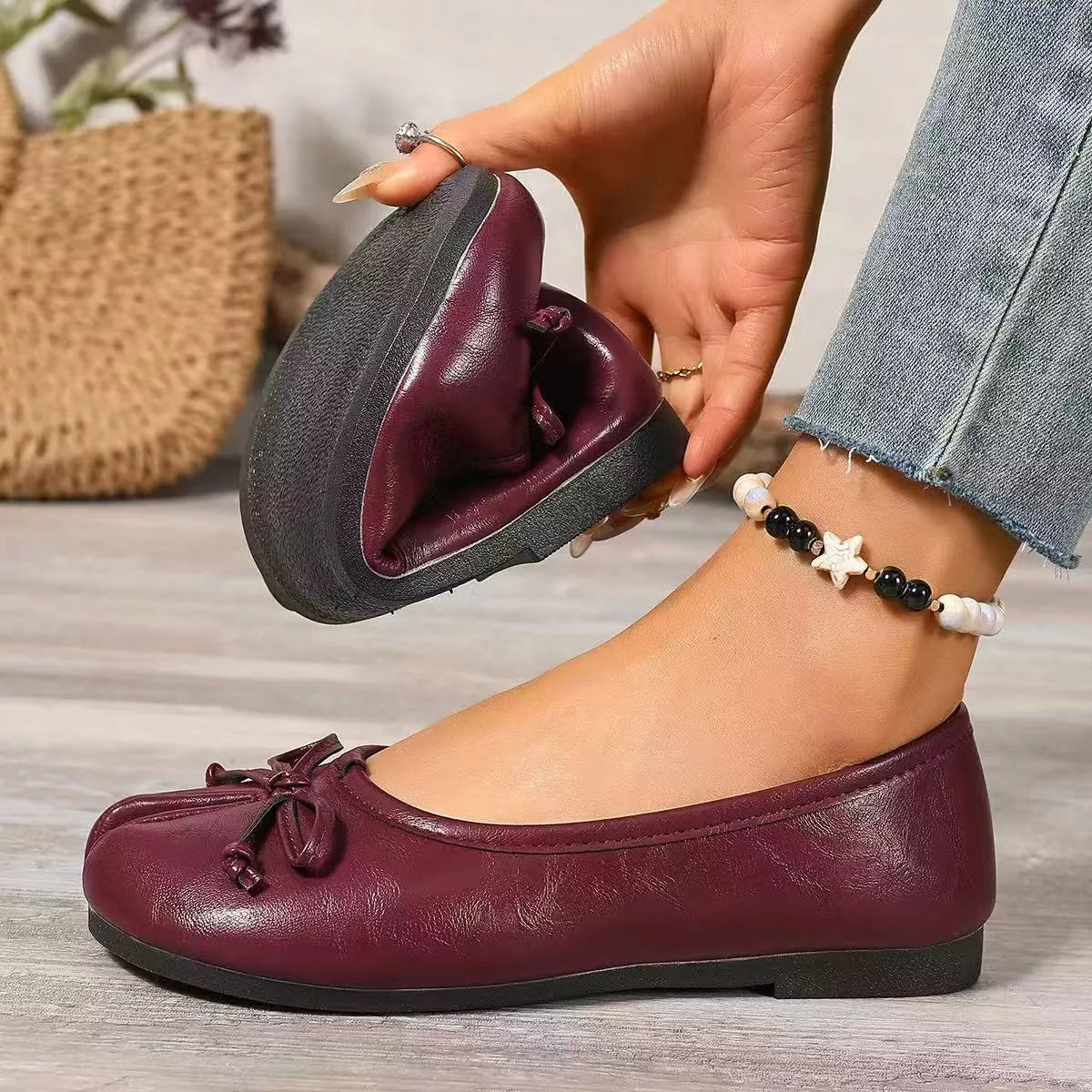 Plush Fashion Hub bow decor split toe slip-on shoes featuring stylish design and comfortable fit, ideal for casual wear.