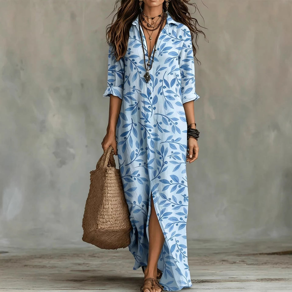 Digital print lapel midi shirt dress by FitiqueFit in four colors, featuring a casual midi length with a button-up front and collar.