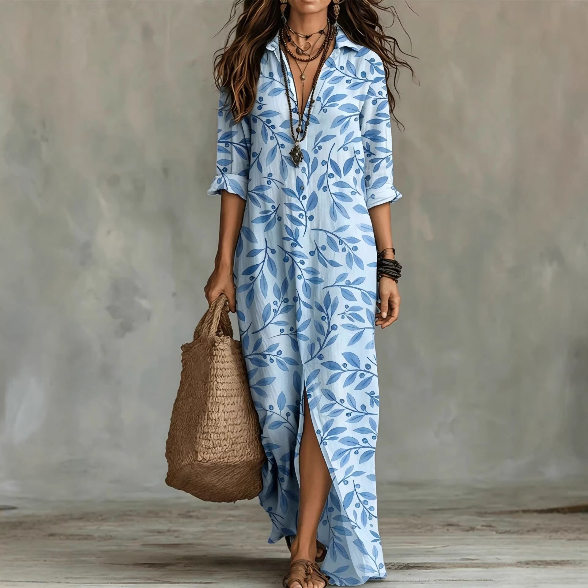 Digital print lapel midi shirt dress by FitiqueFit in four colors, featuring a casual midi length with a button-up front and collar.