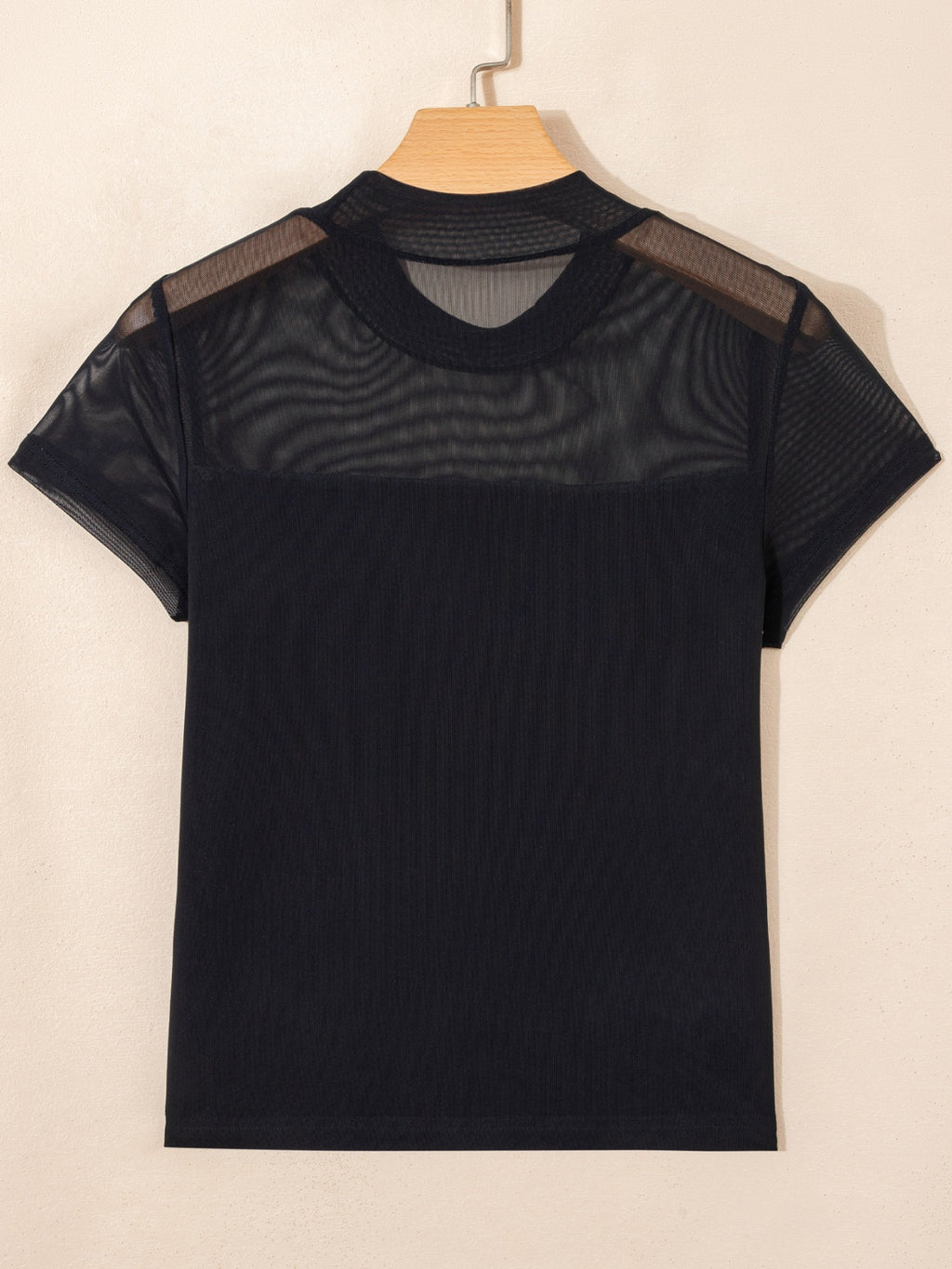 Women's sheer mesh patchwork cap sleeve T-shirt, elegant layering top with rings detail, by Trendsi.