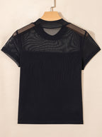 Women's sheer mesh patchwork cap sleeve T-shirt, elegant layering top with rings detail, by Trendsi.