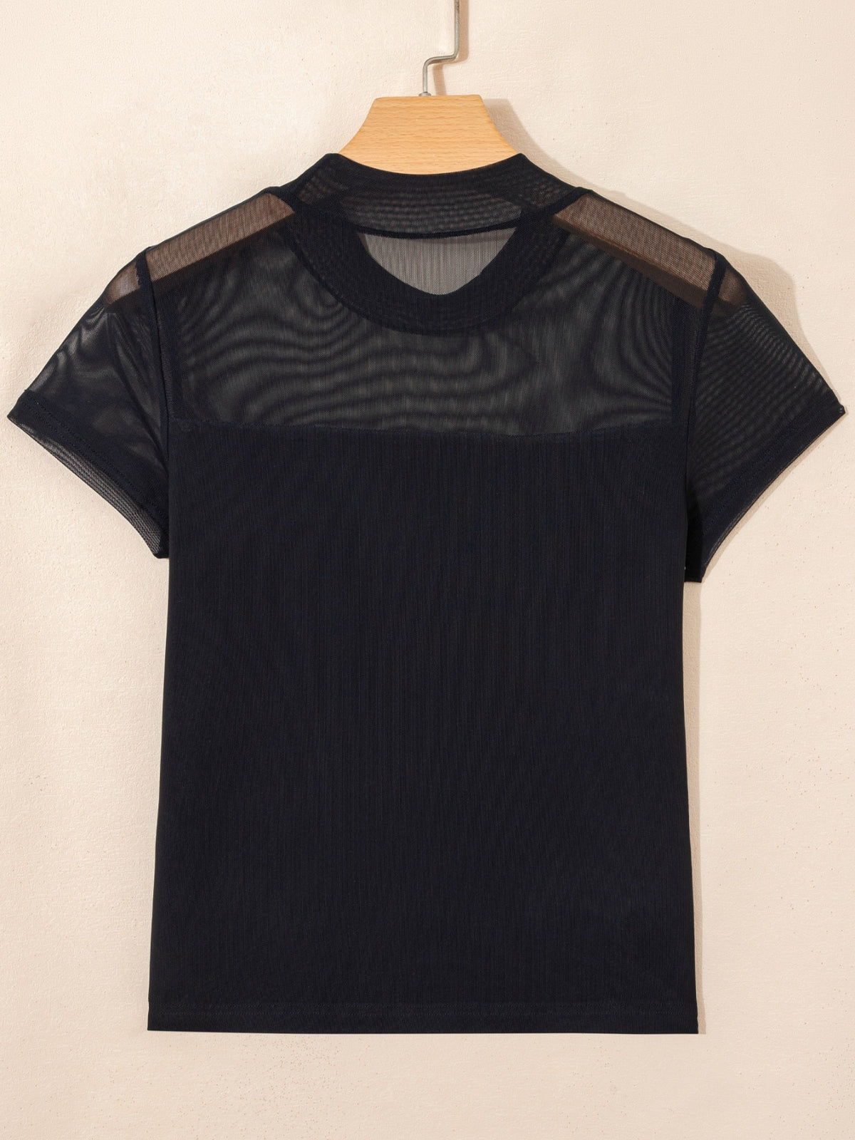 Women's sheer mesh patchwork cap sleeve layering top featuring elegant design, perfect for stylish layering.