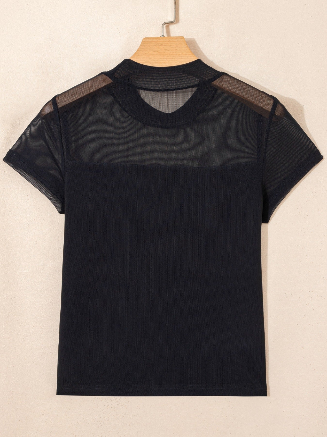 Women's sheer mesh patchwork cap sleeve T-shirt, elegant layering top with rings detail, by Trendsi.