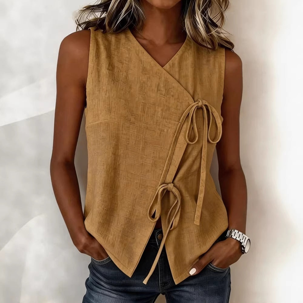 FitiqueFit bow-tied V-neck sleeveless tank top in various colors, casualwear for women, available in sizes S to XXL.