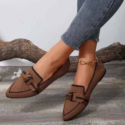 Bow Contrast Trim Point Toe Loafers in brown with bow detail and black trim.