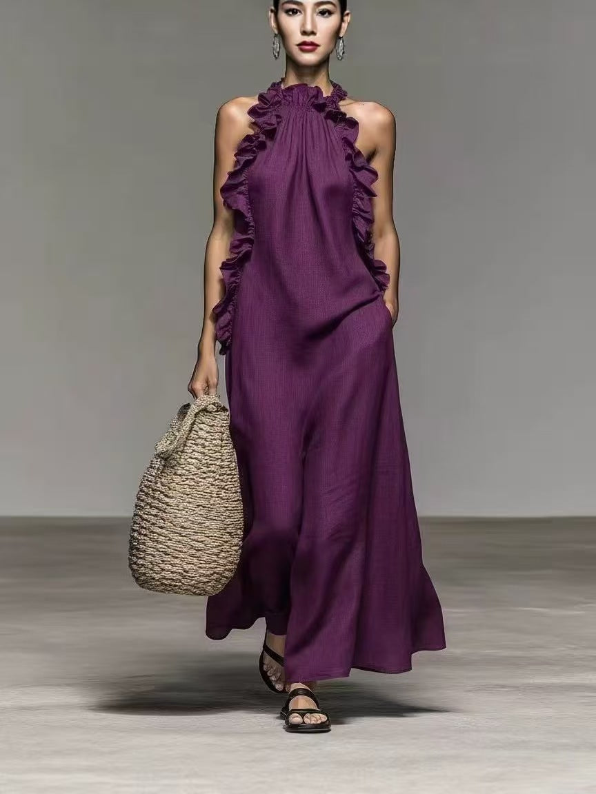 Flowy FitiqueFit halter neck sleeveless dress with ruffles, loose fit, and pockets, ideal for casualwear and warm weather.