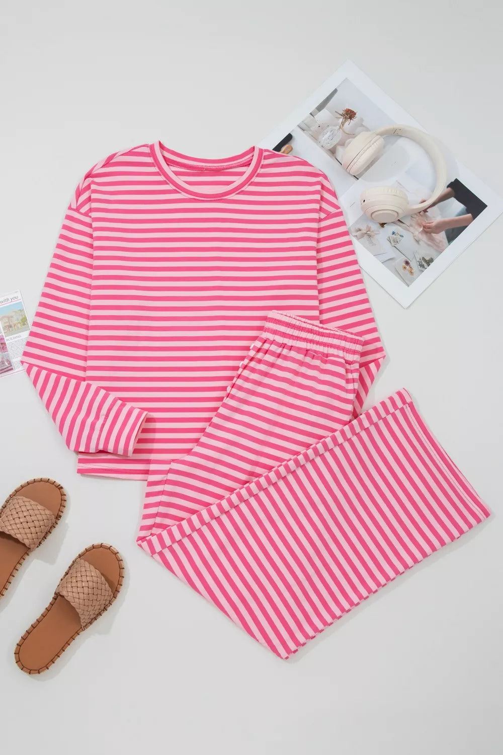 Stripe drop shoulder round neck top and buttoned straight pants two-piece set by Plush Fashion Hub, shown on a model.