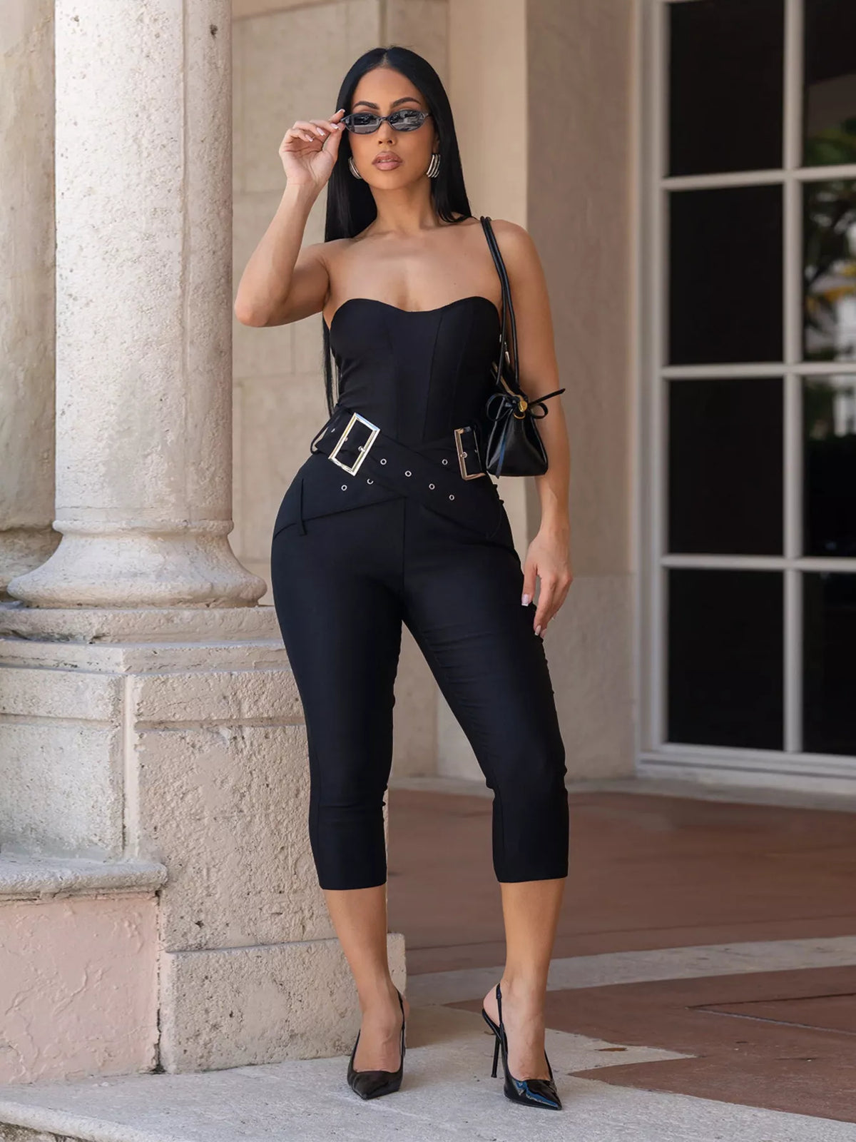 Plush Fashion Hub belted tube skinny jumpsuit in soft fabric, featuring a fitted design and stylish belt detail.