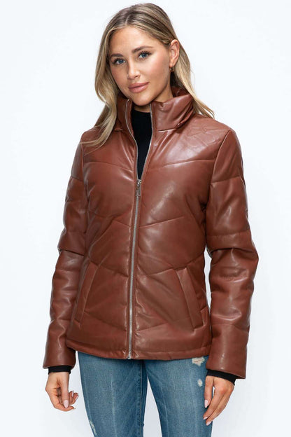 Pocketed Zip Up Puffer Jacket with Removable Hood in brown pleather.