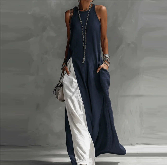 Off-shoulder color-block flared maxi dress with pockets by FitiqueFit, shown in four different color options.
