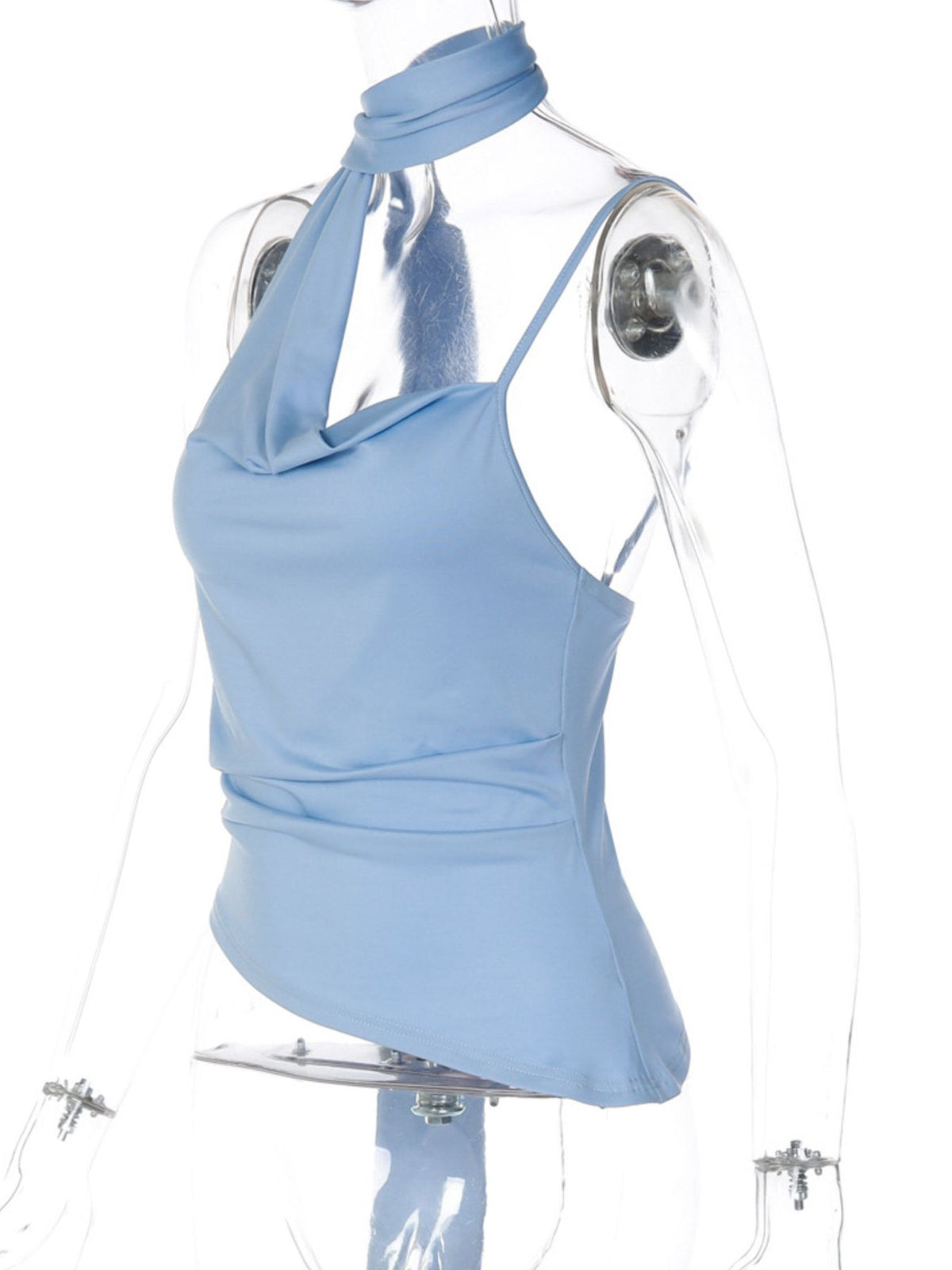 Women’s asymmetrical ruched cami top with tie detail from Plush Fashion Hub, featuring a stylish sleeveless design and gathered fabric.