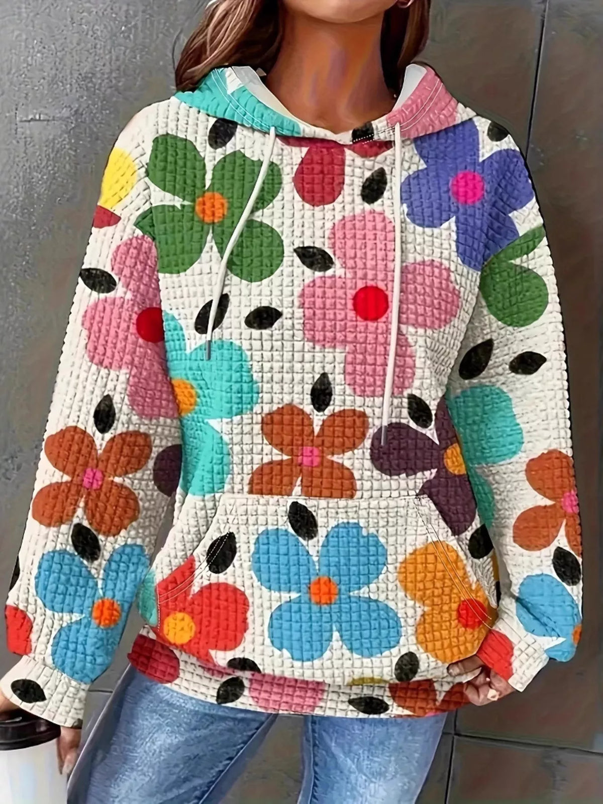 Simply Love floral print hoodie featuring colorful flower patterns on a cozy fabric, perfect for casual wear.