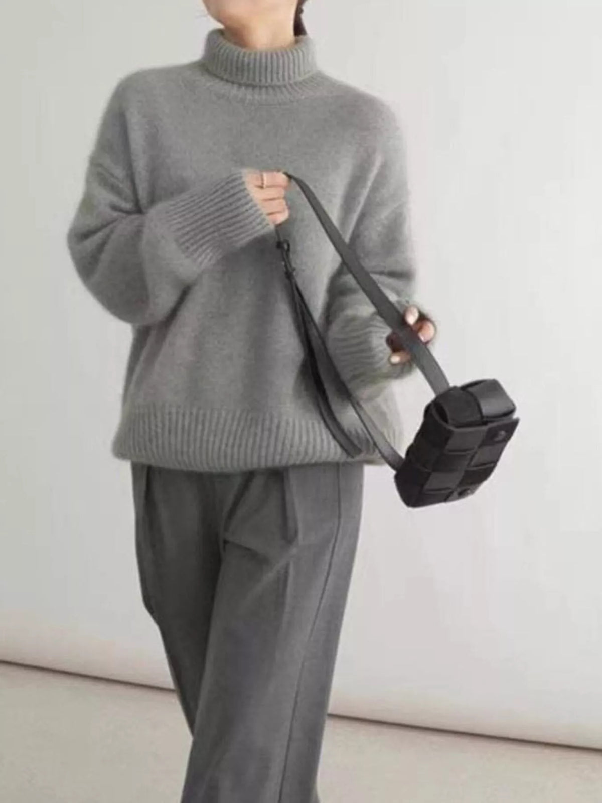 Simply Love turtleneck dropped shoulder sweater in cozy knit, featuring a high collar and relaxed fit, ideal for casual wear.