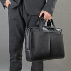 Genuine leather Pi-Mart large capacity men's briefcase with horizontal design, cowhide first layer leather, ideal for computer storage.