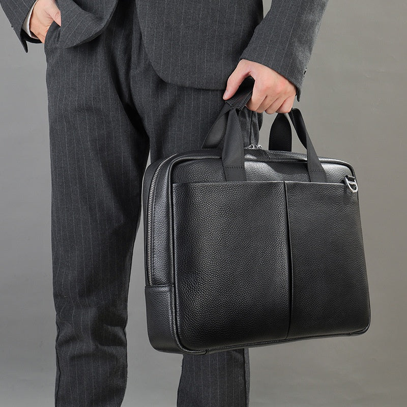 Genuine leather Pi-Mart large capacity men's briefcase with horizontal design, cowhide first layer leather, ideal for computer storage.