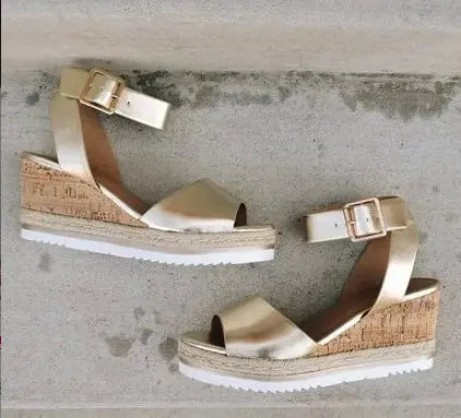 Women’s wedge heel sandals with buckle detail, stylish and comfortable footwear from Trendy Attic Store01.