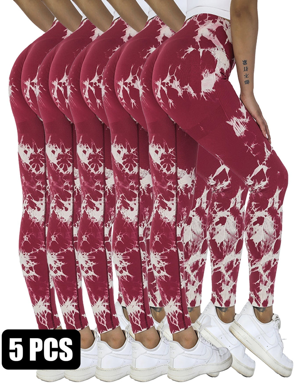 Set of five tie-dye activewear cut-out leggings by FitiqueFit, featuring vibrant patterns and stylish design for workout wear.
