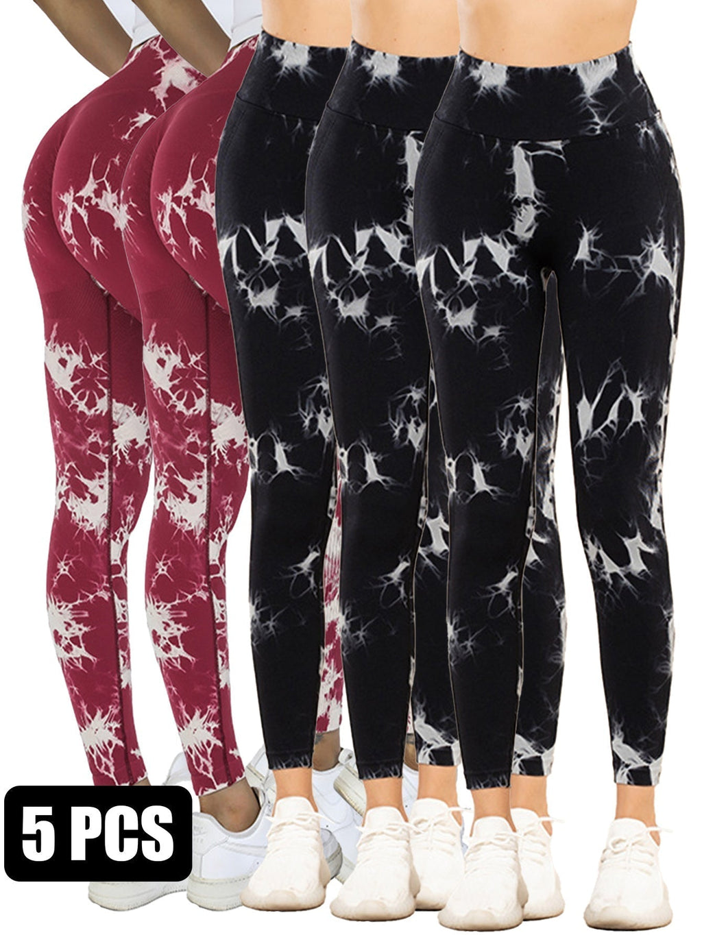 Five-pack tie-dye activewear leggings with cut-out details from FitiqueFit, shown in vibrant, colorful patterns.