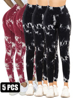 Five-pack tie-dye activewear leggings with cut-out details from FitiqueFit, shown in vibrant, colorful patterns.
