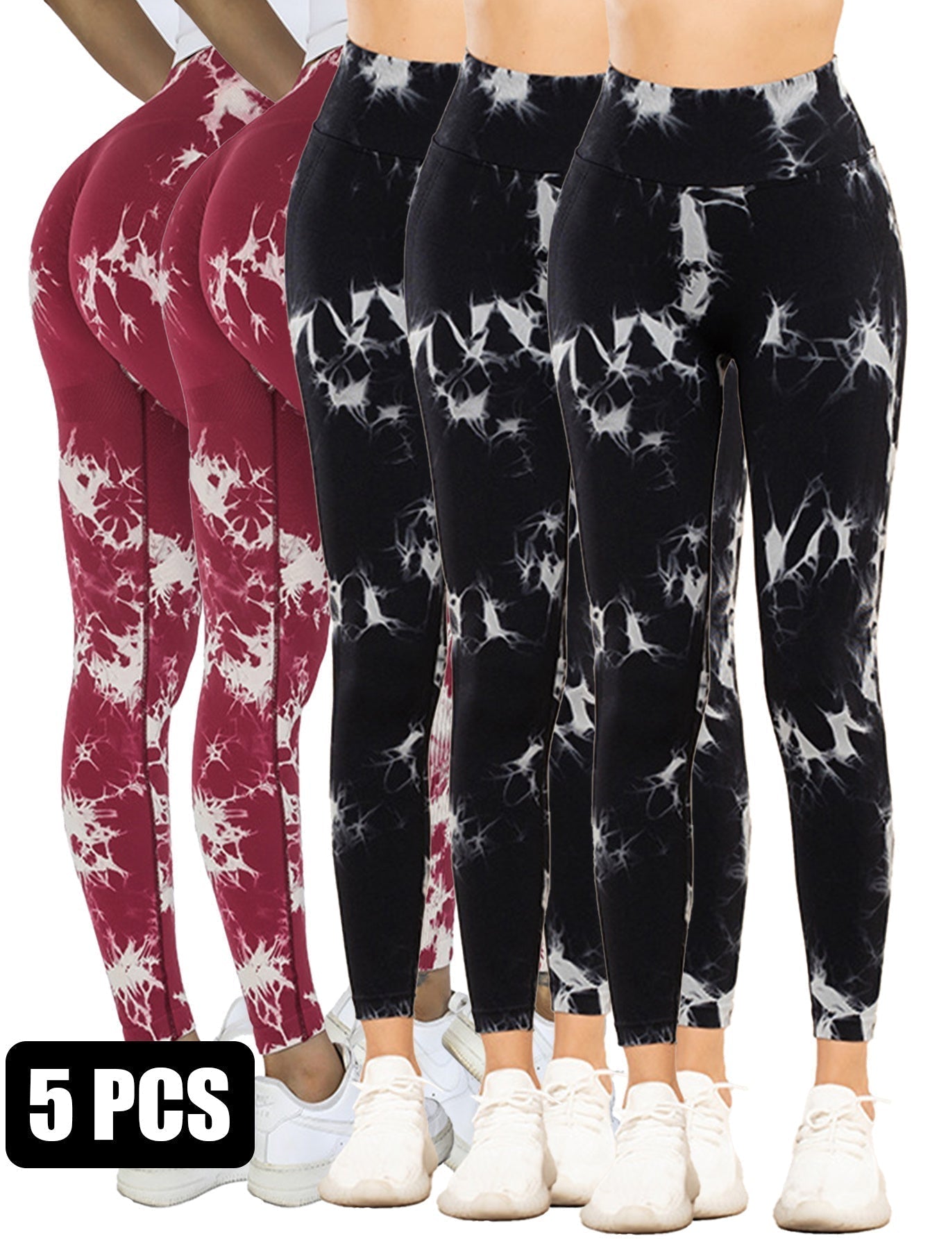 Five-pack tie-dye activewear leggings with cut-out details from FitiqueFit, shown in vibrant, colorful patterns.