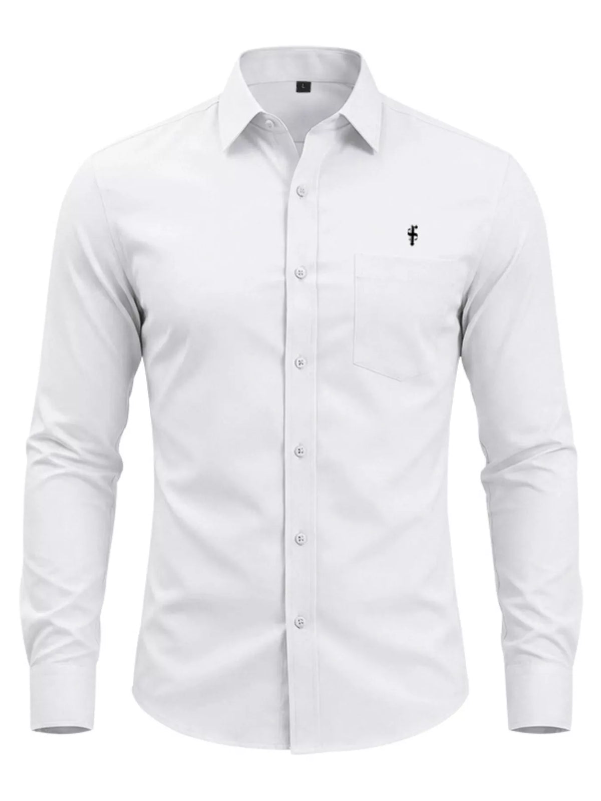 Men's slim fit button-up shirt by Plush Fashion Hub, shown in full size plus size, featuring a classic collar and long sleeves.
