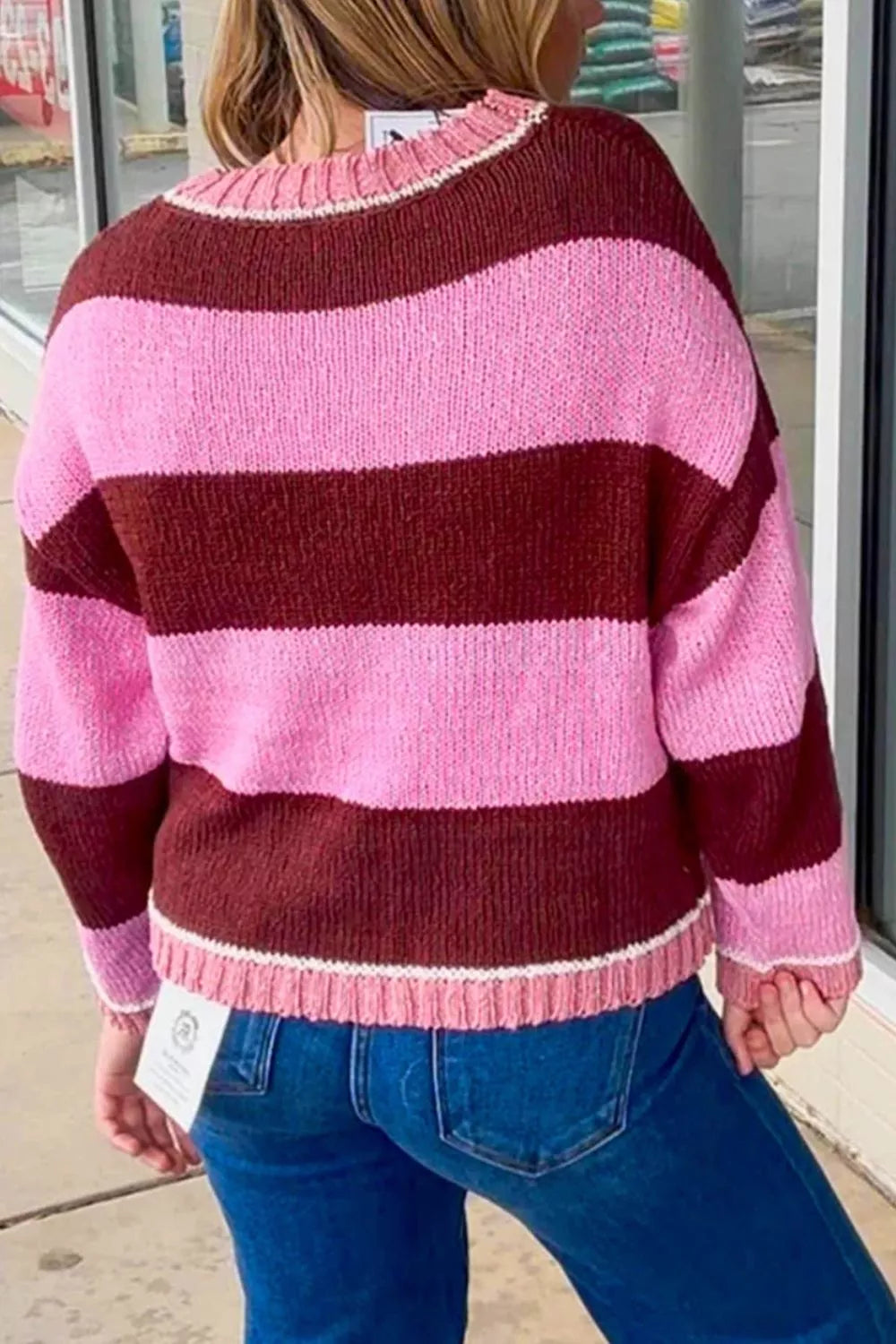 Striped drop shoulder long sleeve knit sweater by Trendsi, featuring a relaxed fit and casual style.