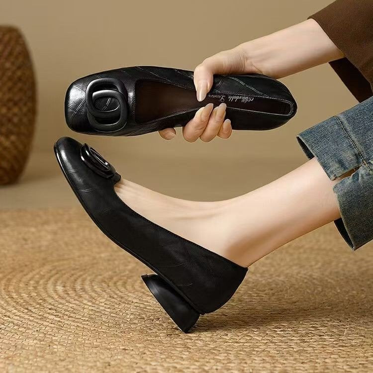 Women's vintage round toe slip-on flats with low chunky heel and Mary Jane style from Plush Fashion Hub.