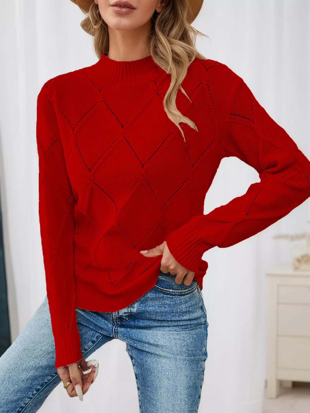 Simply Love long sleeve diamond eyelet knit top with textured fabric and stylish design, ideal for casual or layered outfits.