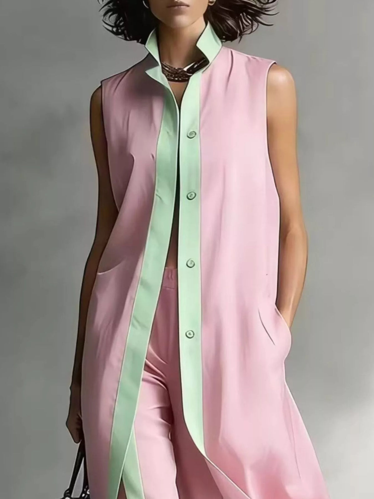 Plus size sleeveless longline vest and wide-leg pants matching set from Trendsi, shown in a stylish, coordinated outfit.