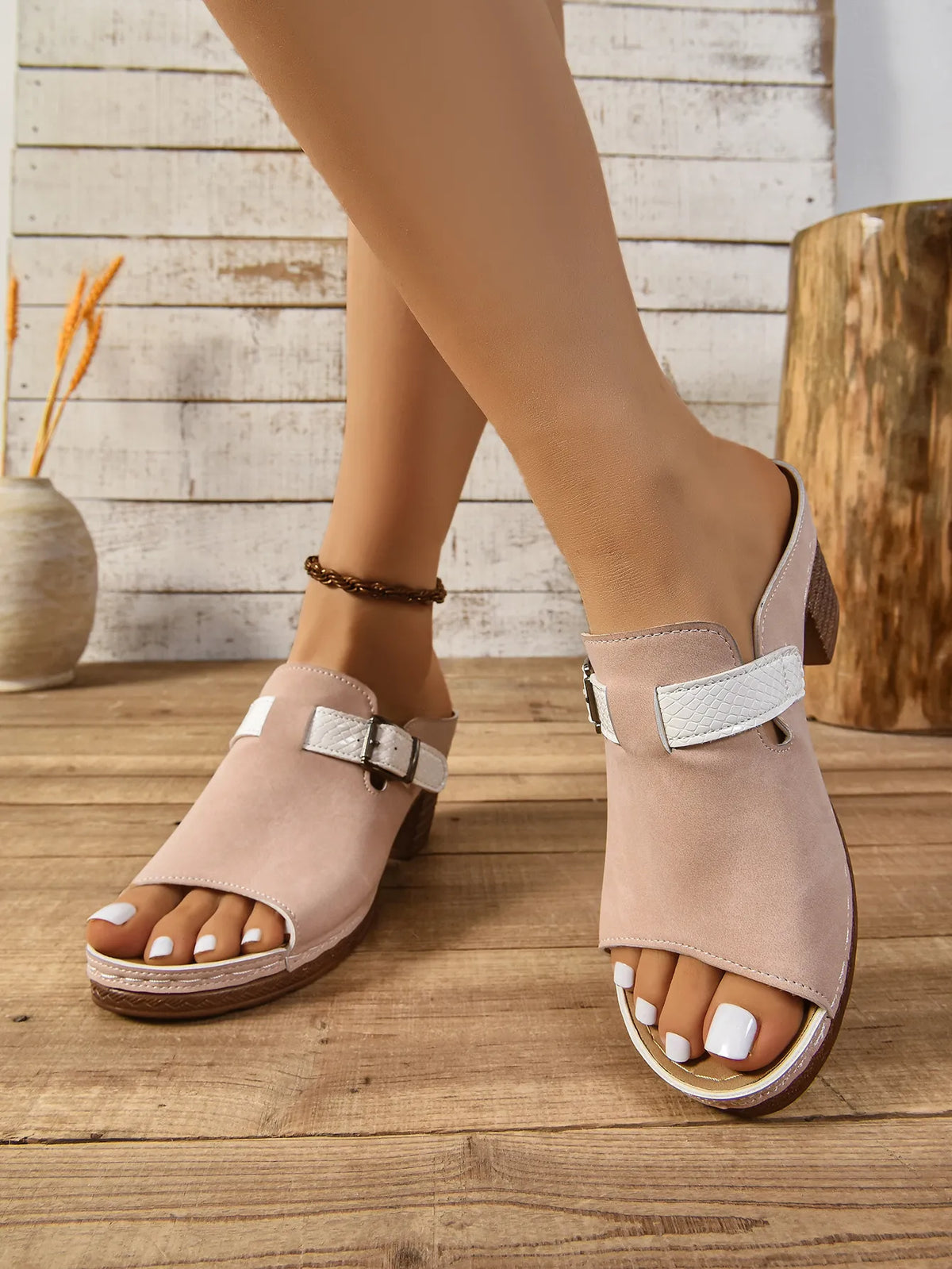 Plush Fashion Hub buckle block heel sandals with stylish straps and chunky heels, perfect for casual or dressy occasions.