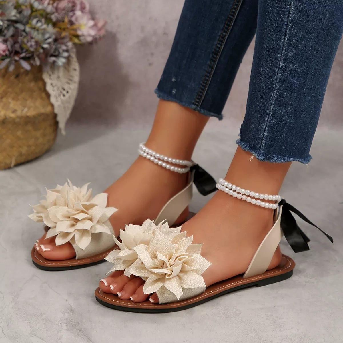 Plush Fashion Hub floral decor flat sandals featuring colorful flower embellishments and comfortable flat sole.