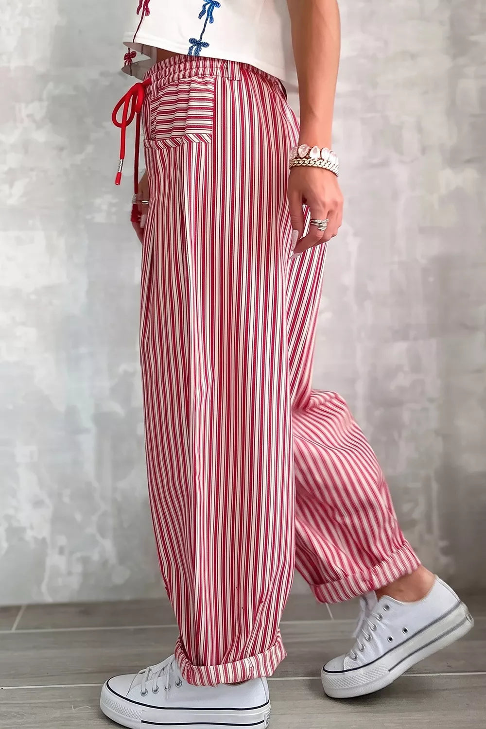 Light gray stripe drawstring casual loose pants from Trendsi, featuring a relaxed fit and comfortable waistband.