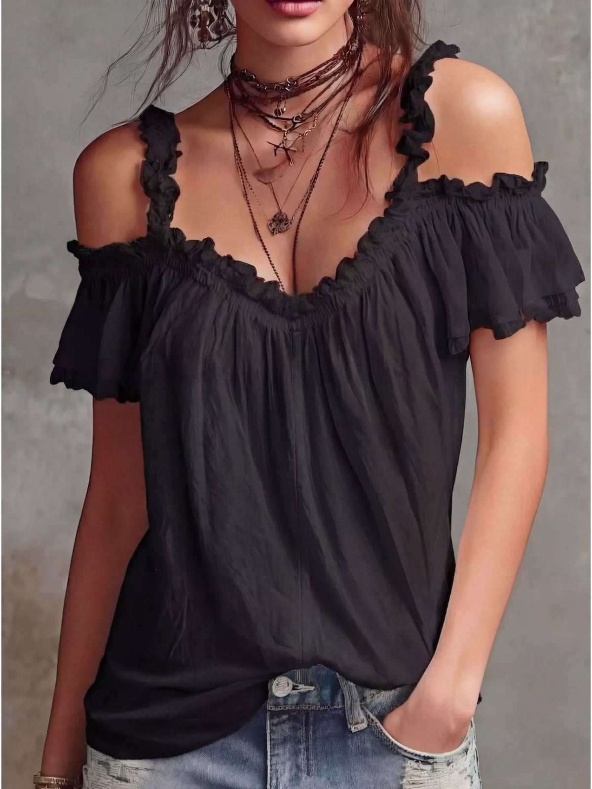 Plush Fashion Hub frill cold shoulder blouse with ruffled sleeves and lightweight fabric, stylish and perfect for casual wear