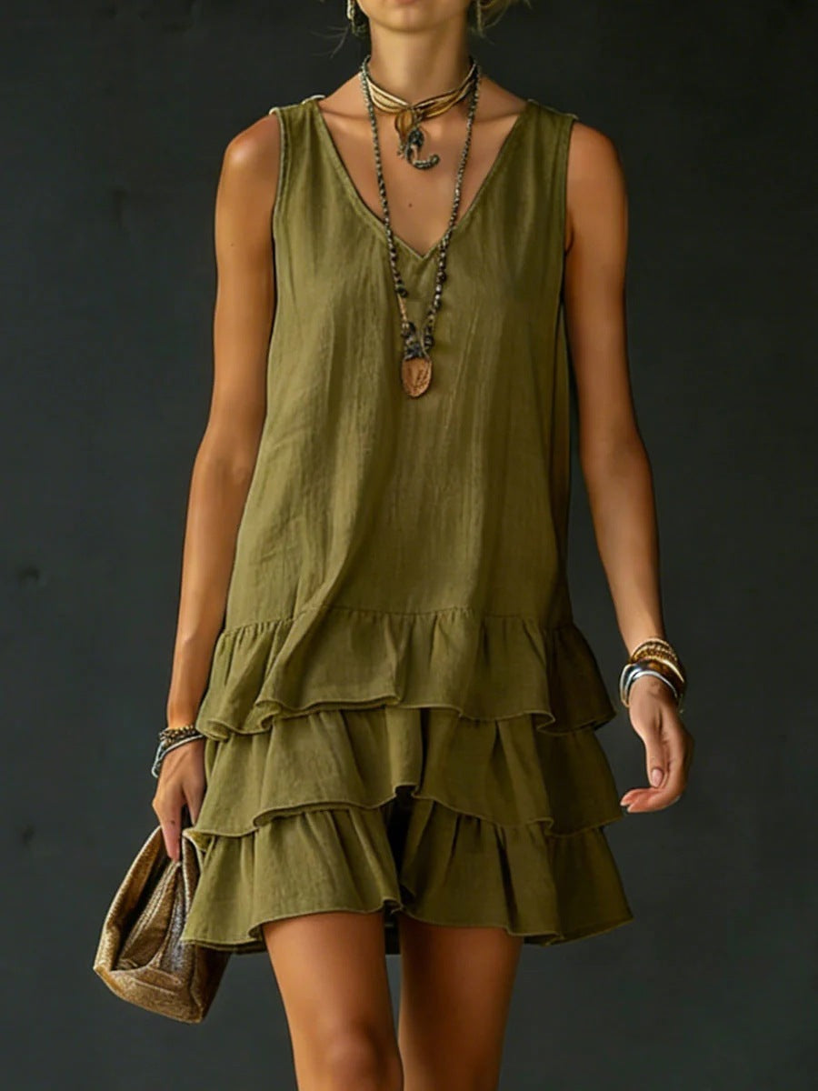 V-neck sleeveless midi dress by FitiqueFit in five colors, casualwear, displayed on a model with a relaxed fit and stylish design.