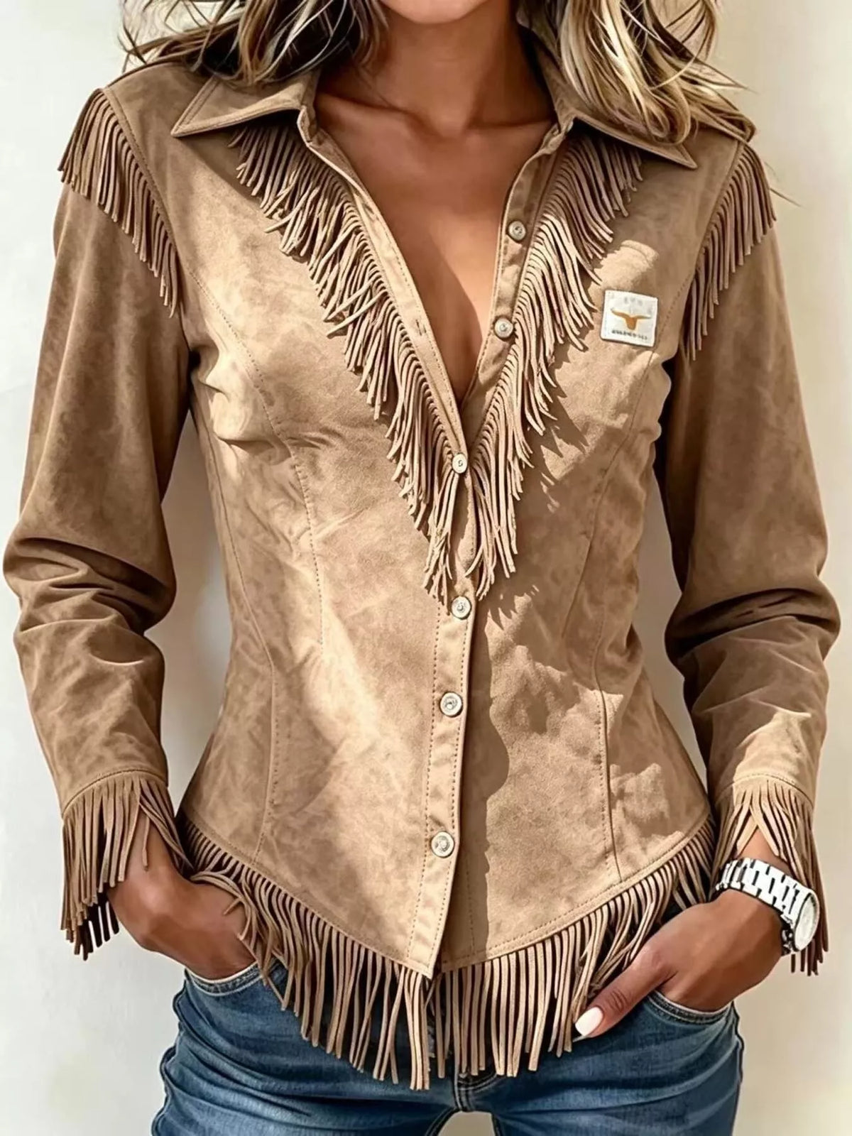 Plus size fringed collared neck shirt by Trendsi, featuring a stylish design with fringe details and a classic collar.