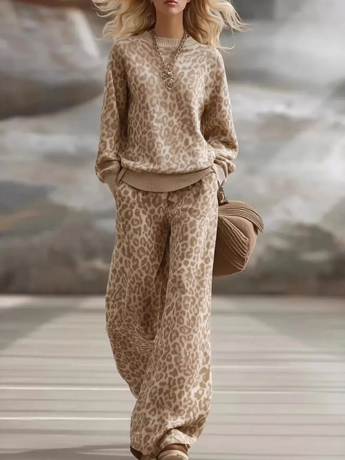 Leopard print dropped shoulder top and matching pants set by Trendsi, casual fashion ensemble with relaxed fit and stylish design.