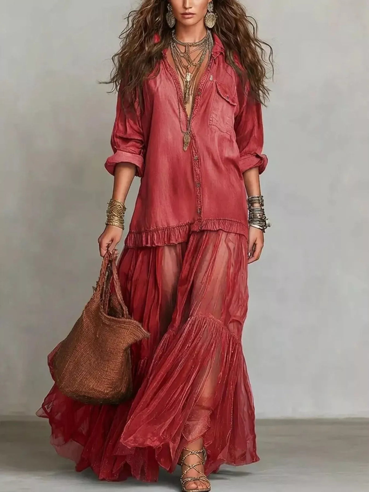 Long sleeve sheer ruffle maxi dress by Plush Fashion Hub, flowing lightweight fabric with elegant ruffle details.