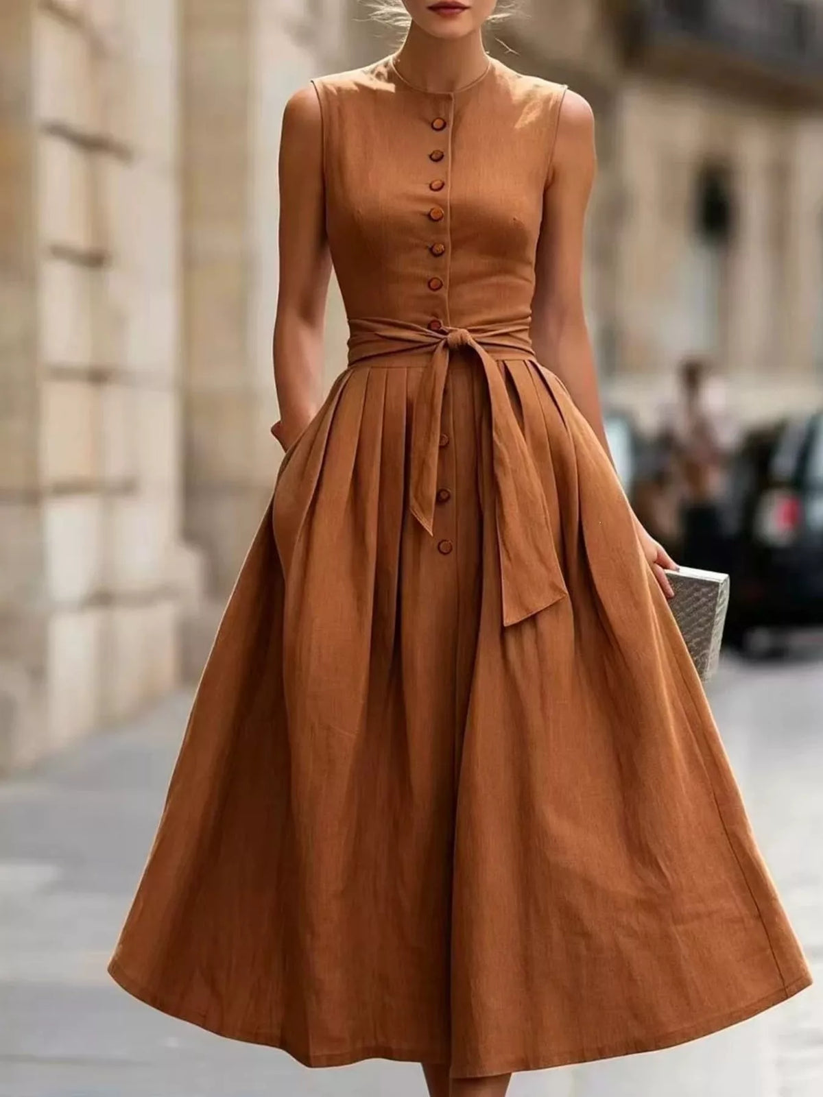 Plus size sleeveless button-front belted midi dress by Trendsi, featuring a flowy fabric and stylish design.