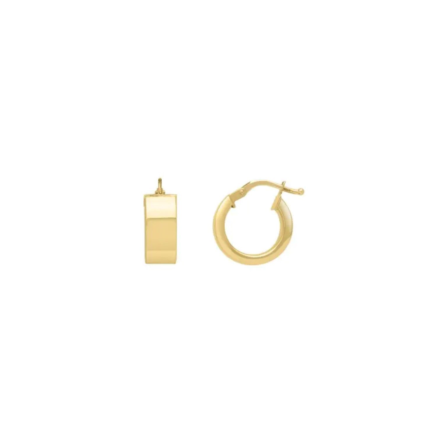 14k yellow gold medium square tube hoops earrings with a sleek, modern design, showcasing a shiny, polished finish.
